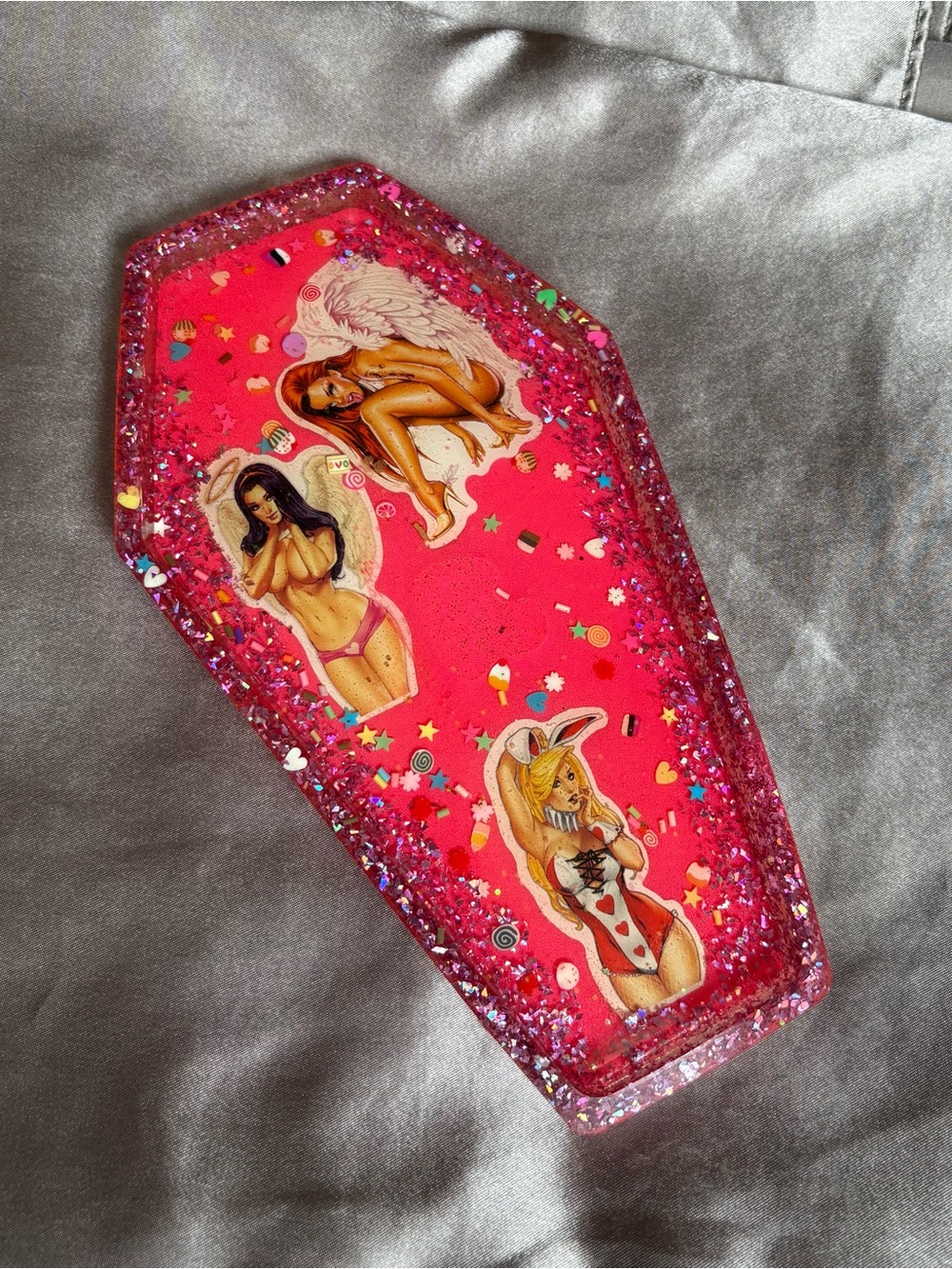 Coffin Trinket Tray - Hot Pink Glitter Angel Pinup Design